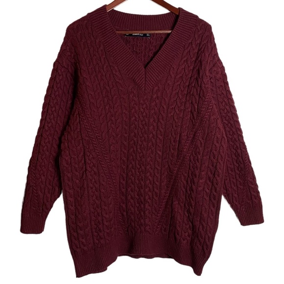 Zara Burgundy Oversized Chunky Cable Knit Sweater V Neck Small - Picture 1 of 14